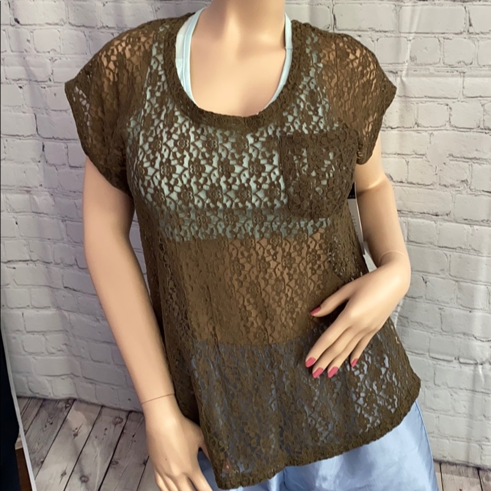 Live Life by Sanctuary XL Olive Green lace Tee NWT